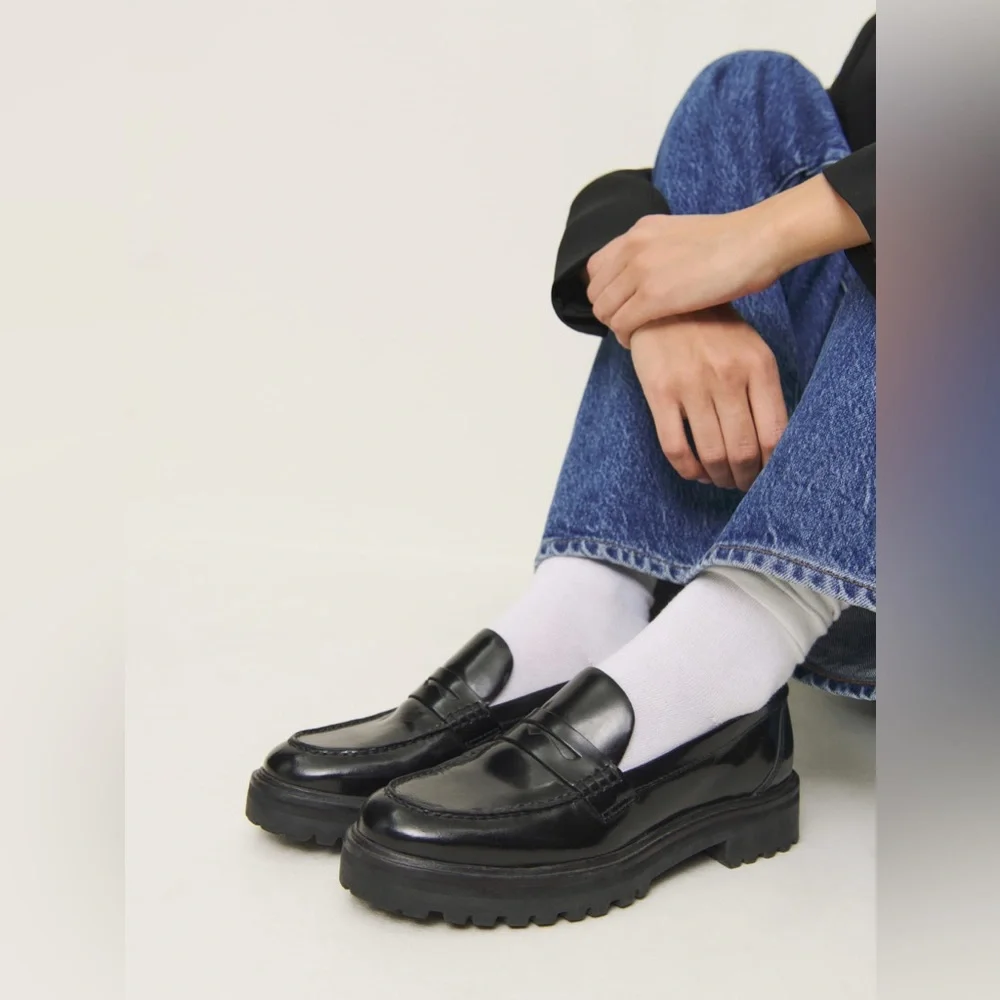 Reformation Black Patent Leather Lug Sole Loafers